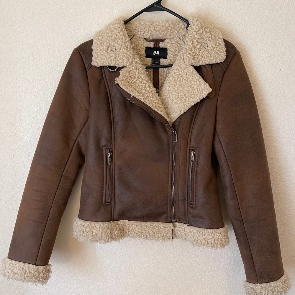 H&M Faux Suede Sherpa Brown Moto Jacket